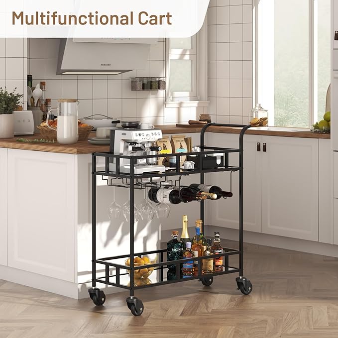 TrailBlaze 2-Tier Black+Mirror Rolling Bar Cart – Mirrored Shelves, Wine Bottle & Glass Racks – Beverage Service Trolley with Wheels for Home, Kitchen, Dining, Living Room