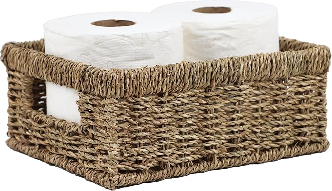 Wicker Baskets, Baskets for Organizing, Rattan Woven Basket for Storage, Organizer Bins with Built-in Handles, Storage Basket for Shelves (Seagrass, Small)