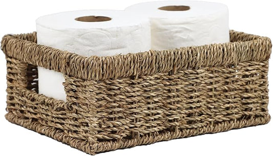 Wicker Baskets, Baskets for Organizing, Rattan Woven Basket for Storage, Organizer Bins with Built-in Handles, Storage Basket for Shelves (Seagrass, Small)