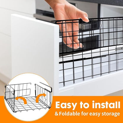 Hanging Under Shelf Storage Basket, 2 Pack Foldable Under Cabinet Metal Desk Storage Wire Rack Organizer for Kitchen Pantry Bookshelf Office Home, Easy to Install Slide-in Under Shelves (Black)