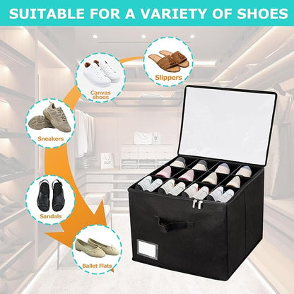 Fewile Shoe Organizer for Closet, Fits up to 12 Pairs, Foldable Shoe Storage Containers with Clear Cover, Large Adjustable Shoe Box Organizers, Space Saving Shoes Holder