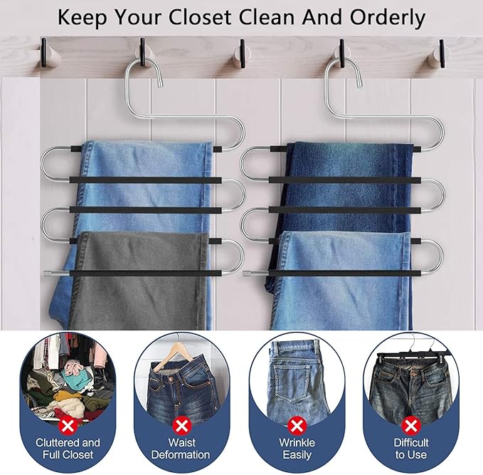Skroad Pants Hangers Space Saving,3 Pack S-Type Non-Slip Stainless Steel Clothes Pants Hangers Closet Organizers and Storage, Closet Organizer Hanger Organizer for Scarf Jeans Trousers Towels Leggings