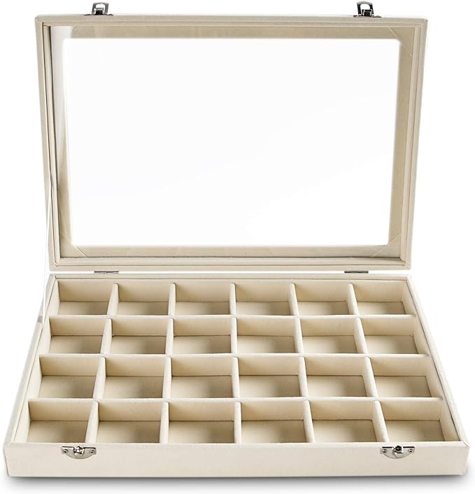 Frebeauty 24 Grid Earring Holder Organizer Tray, Jewelry Organizers and Storage for Drawer,Velvet Jewelry Display Storage for Earrings,Rings,Studs,10.5 x 6.5 x 1.2 Inches Gift for Women (Beige)