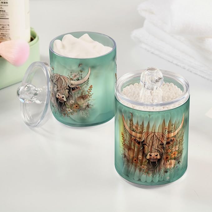 MNSRUU 2 Pack Qtip Holder Organizer Dispenser Highland Cow Flowers Pink Bathroom Storage Canister Cotton Ball Holder Bathroom Containers for Cotton Swabs/Pads/Floss