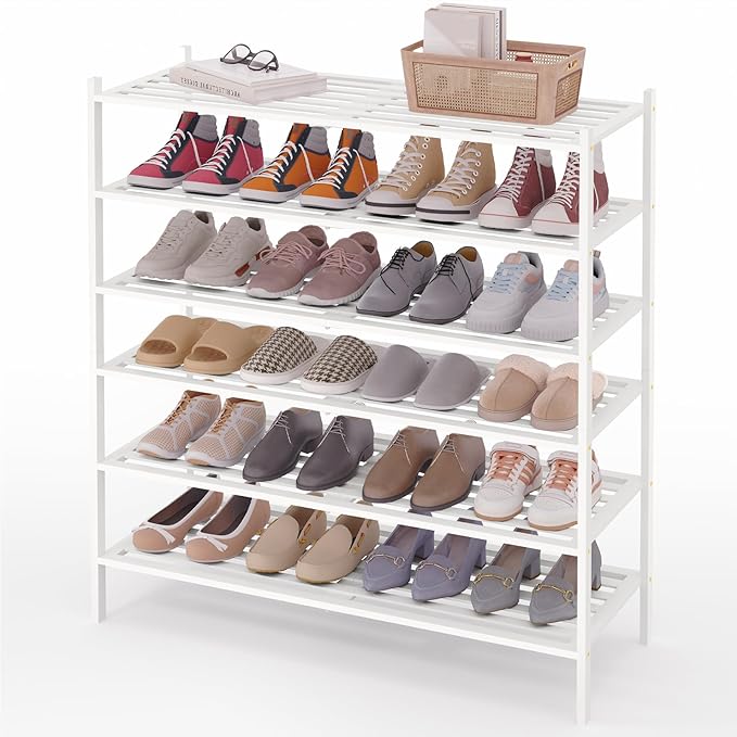 Smiry Long Bamboo Shoe Rack 6-Tier, Stackable Wooden Shoe Organizer for Entryway & Closet, Free Standing Wood Shoe Storage Shelf for Front Door & Small Spaces, White