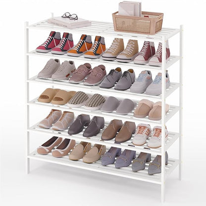 Smiry Long Bamboo Shoe Rack 6-Tier, Stackable Wooden Shoe Organizer for Entryway & Closet, Free Standing Wood Shoe Storage Shelf for Front Door & Small Spaces, White
