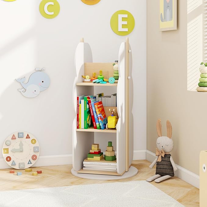 HONEY JOY Kids Rotating Bookshelf, Wooden Spinning Small Corner Organizer, 360°Display Standing Toddler Bookshelf, Narrow Storage Rack, Montessori Book Shelf for Nursery, Classroom, Playroom, Bedroom