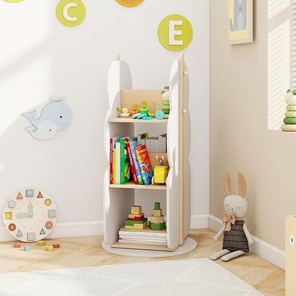 HONEY JOY Kids Rotating Bookshelf, Wooden Spinning Small Corner Organizer, 360°Display Standing Toddler Bookshelf, Narrow Storage Rack, Montessori Book Shelf for Nursery, Classroom, Playroom, Bedroom