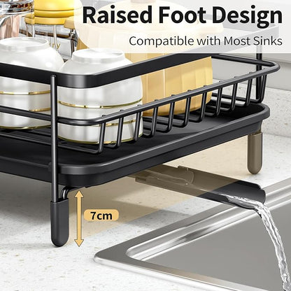 Expandable Dish Drying Rack for Kitchen Counter, Large Extendable Dish Rack with Bamboo Cover Cutlery Holder, Multifunctional Adjustable Dish Dryer Drainer