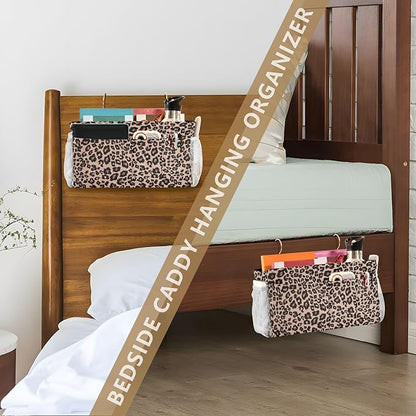 CuwrYet Bedside Caddy Hanging Bunk Bed Caddy Bed Organizer Hanging Pocket with 2 Hooks Bedside Storage Organizer Pocket Bag Holder Leopard Print Brown