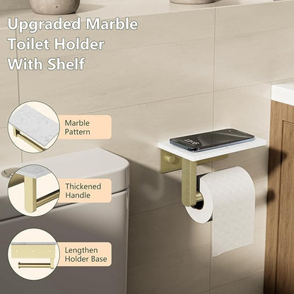 Marble Toilet Paper Holder with Shelf, Evolvegoods Brushed Gold Bathroom Toilet Paper Holder Wall Mount, 304 Stainless Steel Modern Toilet Paper Roll Holder Storage Tissue Holder