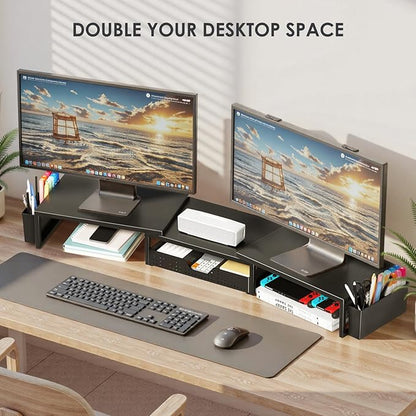 OPNICE Desk Organizers and Accessories, Dual Monitor Stand Riser with Drawer and 2 Pen Holders, Desk Shelf Metal Computer Racks for Office Workspace Organizers, Desktop Organization (Black)