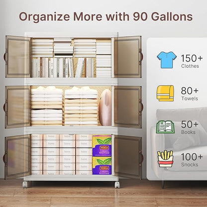 Extra Large Stackable Storage Bins, Lockable Storage Bins with Lids, Folding Storage box with Doors and Wheels, Collapsible Plastic Drawers for Home, Garage, Office (6, White, Large)