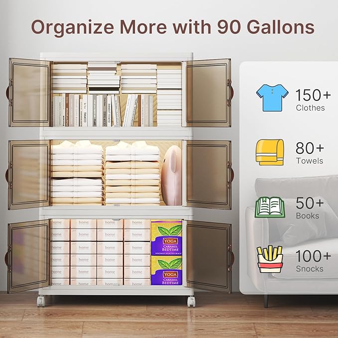 Extra Large Stackable Storage Bins, Lockable Storage Bins with Lids, Folding Storage box with Doors and Wheels, Collapsible Plastic Drawers for Home, Garage, Office (3, White, Large)
