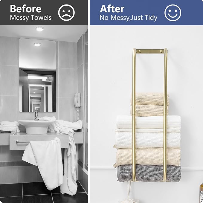 BWE Brushed Gold Towel Racks for Bathroom, Stainless Steel Towel Holder for Rolled Towels, Wall Mounted Bathroom Towel Storage Holds Up 6 Large Bath Sheets, with 2 Hooks
