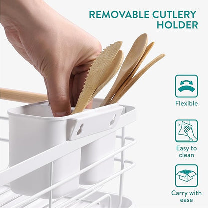Navaris 2 Tier Dish Rack - Compact Drying Kitchen Board with Drip Tray & Cutlery Holder - Easy to Assemble and Clean Dishes - Sink Drainer Rack - White