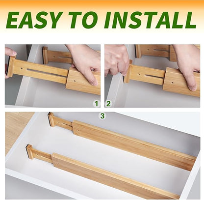 Aubeco 6 pcs Large Bamboo Drawer Dividers, Expandable 17"-22" Wooden Organizers for Kitchen, Office, Dresser, Bedroom, Clothes