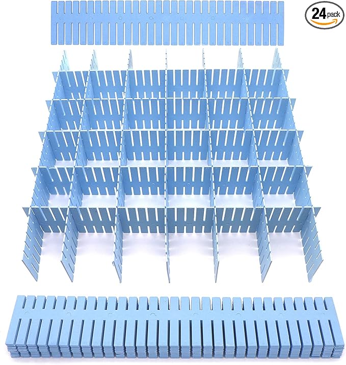 24Pcs Adjustable Drawer Dividers 14.5Inch Plastic Storage Drawers Divider White DIY Grid Drawer Organizer Dividers for Socks Underwear Makeup Clothes (Blue)