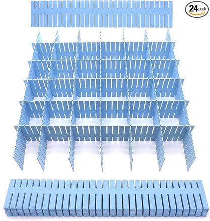 24Pcs Adjustable Drawer Dividers 14.5Inch Plastic Storage Drawers Divider White DIY Grid Drawer Organizer Dividers for Socks Underwear Makeup Clothes (Blue)