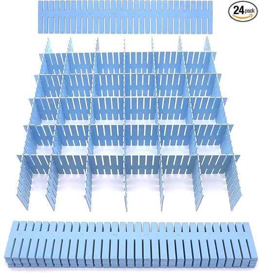 24Pcs Adjustable Drawer Dividers 14.5Inch Plastic Storage Drawers Divider White DIY Grid Drawer Organizer Dividers for Socks Underwear Makeup Clothes (Blue)