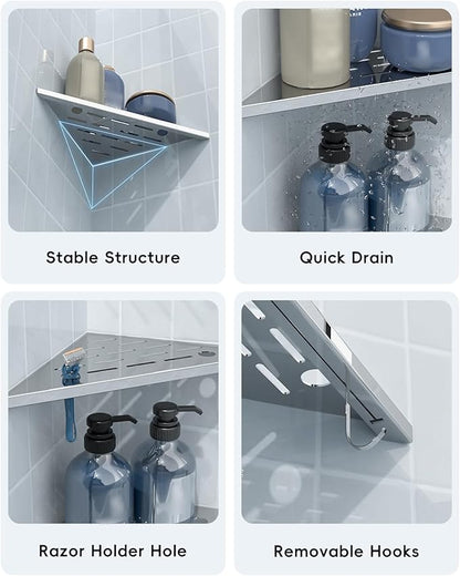 DAYONE 2 Pack Corner Shower Shelves 10", Chrome 304 Stainless Steel Recessed Bathroom Shelf with Razor Holding Hole and 2 Hools, for Tiled Wall No Drilling Needed