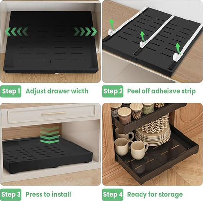 THMINS 2 Pack Expandable Pull Out Cabinet Organizer, 21" Depth, for Kitchen Cabinets, Upgrade 3 Slide Slide-Out Drawers, Adjustable Width 12.05" - 20.5", Black