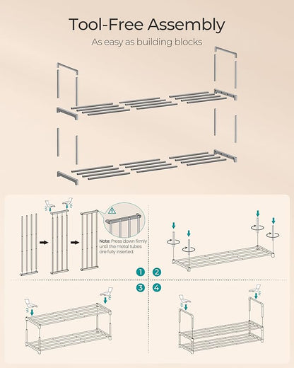 SONGMICS Shoe Rack, 2-Tier Shoe Organizer, Metal Storage Shelf, Upright or Upside Down, for 12-15 Pairs, Stackable, for Entryway, 11.8 x 36.2 x 13.4 Inches, Gray ULSA012G01