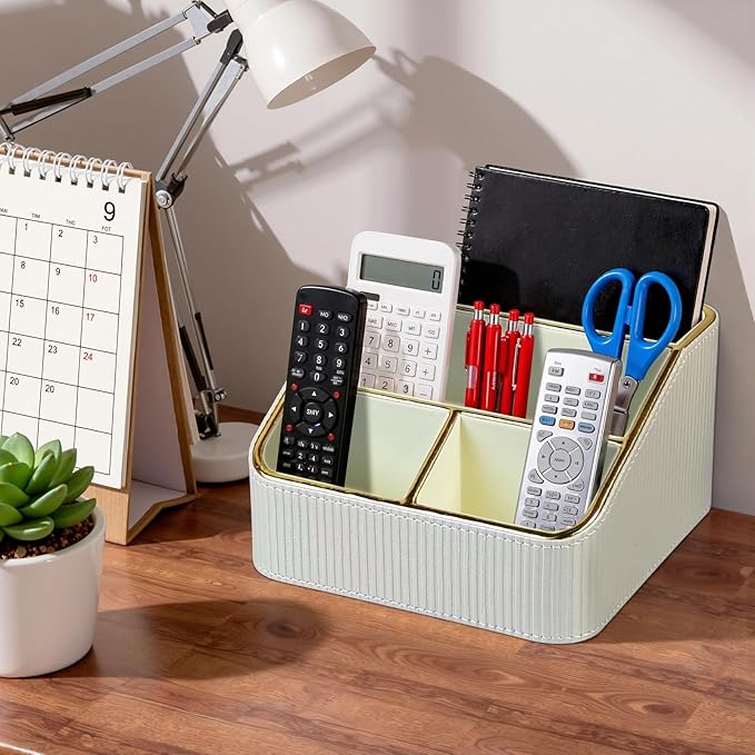 ACUDUDOMA PU Leather Remote Control Organizer Holder, 4-Compartment Small Desk Organizer, All-in-One Desk & Nightstand Caddy for Remotes, Phones, Glasses & Office Accessories