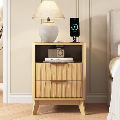 HOTAMO Nightstand Set of 2 with Charging Station,Night Stand with 2 Wave-Patterned Panel Drawer and Open Shelf,Modern Bedside Table for Bedroom,Living Room,Oak End Table