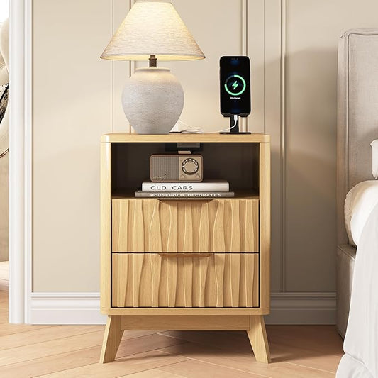 HOTAMO Nightstand with Charging Station,Night Stand with 2 Wave-Patterned Panel Drawer and Open Shelf,Modern Bedside Table for Bedroom,Living Room,Oak End Table