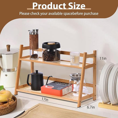 2 Tier Matcha Station Wicker-Look Coffee Station Organizer, Kitchen Counter Shelf for Tea & Coffee Bar, Mug Holder Countertop, Condiment Storage Rack(17Inch)