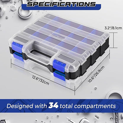 NATGAI 2 Pack Small Parts Organizers, 34-Compartments Double-Sided Tool Box with Removable Dividers for Hardware, Screws, Bolts, Nails & Fishing Accessories, Durable Plastic Storage Case (Blue)
