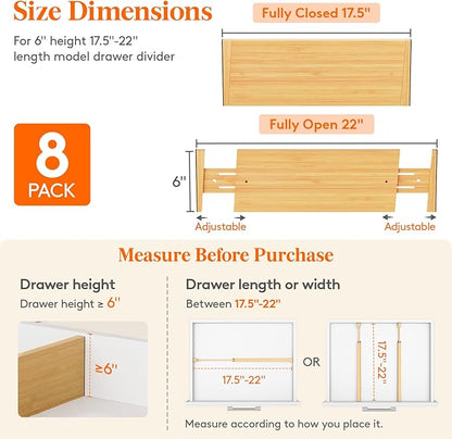 Lifewit 8 Pack 6" Deep Bamboo Drawer Dividers, 17.5-22" Expandable Drawer Organisers for Clothes, Adjustable Dresser Drawer Divider, Clothing Drawers Separators for Dresser, Bedroom, Bathroom, Office