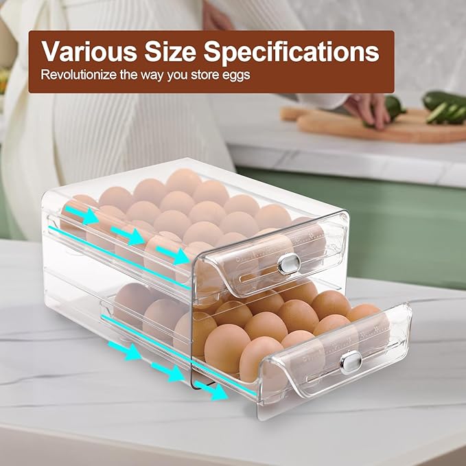 Egg Holder for Refrigerator,40 Eggs Clear Drawer Organizer,2 Layer Stackable Egg Holder Egg Trays,Egg Storage Container with Time Scale for Fridge Countertop Cabinet