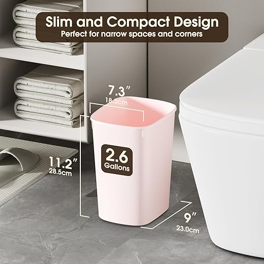 CEROELDA Bathroom Trash Can with Lid, 10L/2.6 Gal Small Garbage Can with Press Top Lid, Slim Plastic Waste Basket for Toilet, Office, Bedroom(Pink)