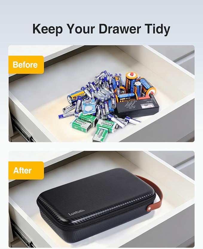 Luxtude Battery Organizer Storage Case with Tester, Hard Batteries Storage Holds 102, Portable Batteries Case Organizers, Drawer Caddy & Daddy (Black)