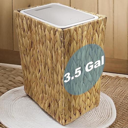 Yatmung Wicker Trash Can with Lid - Bathroom Trash Can with Lid - 3.5 Gallon Rattan Trash Bin - Woven Trash Cans - Waste Basket for Bedroom, Living Room, Office - Press Top - Boho Bathroom Garbage Can