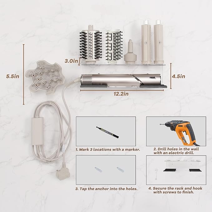 Affogato Wall Mount Holder Compatible with Shark FlexStyle, Acrylic Wall Mounted Organizer for Storage Attachments, Rack with Cord Hanger for Accessories Curlers Brushes Diffuser