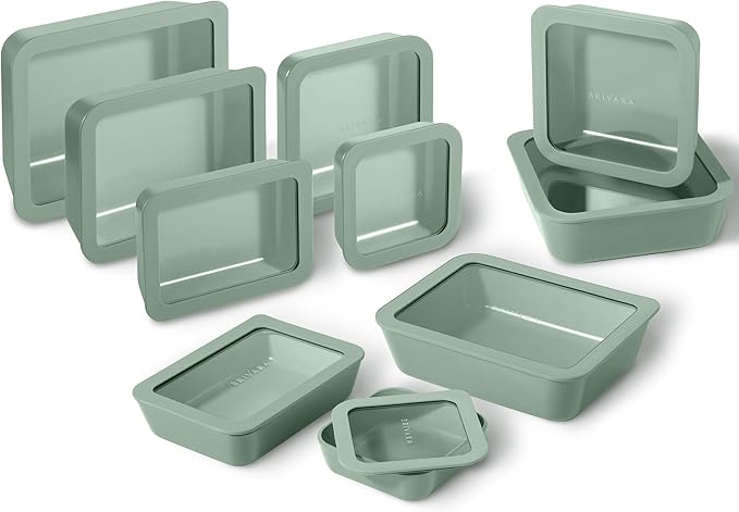 Ceramic Coated Glass Food Storage Containers | No PTFE, PFOA, PFAS, and BPA | Reusable Non Toxic Meal Prep Containers with Glass Lids | Easy To Store | 10 Piece Set [Willow]