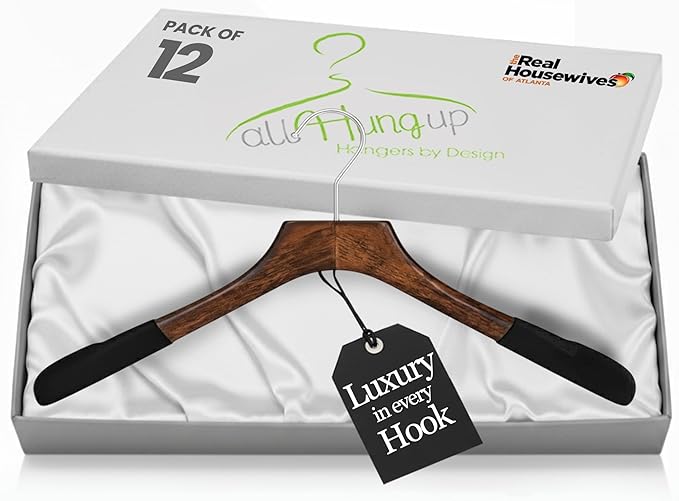 All Hung Up Hangers - Premium Luxe Wooden Hangers for Women, Wide Shoulder Design for Dresses, Skirts, Sweaters & Blouses, Heavy Duty with Velvet Grip, Mahogany with Black Velvet, 12 pcs