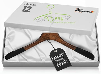 All Hung Up Hangers - Premium Luxe Wooden Hangers for Women, Wide Shoulder Design for Dresses, Skirts, Sweaters & Blouses, Heavy Duty with Velvet Grip, Mahogany with Black Velvet, 12 pcs