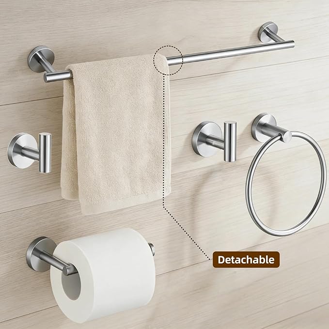 5Pcs Brushed Nickel Bathroom Hardware Towel Bar Accessories Set 23.6 Inch SUS304 Stainless Steel Bath Towel Racks with Toilet Paper Holder Shelf for Bathroom Kitchen Wall Mounted, Middle Removable