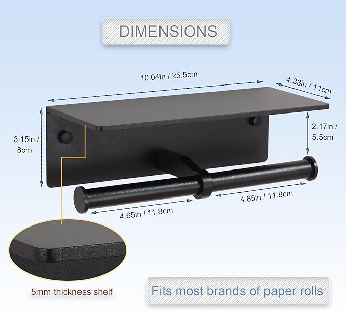 Toilet Paper Holder - Double Rolls Toilet Tissue Holder with Phone Shelf for Bathroom - TP Roll Holder with Wipes Storage, Wall Mounted by Adhesive Pad No Drilling or Screw - Matte Black