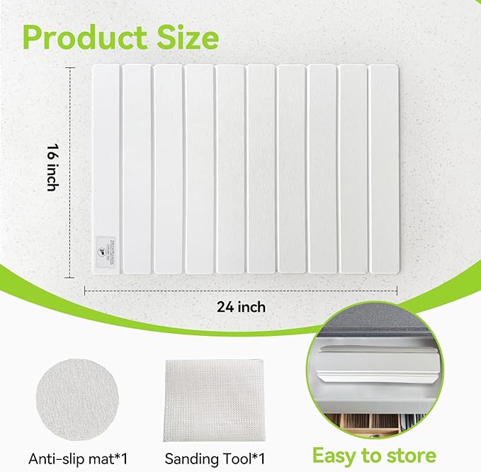 Large Stone Dish Drying Mats for Kitchen Counter - 24"(L)×16"(W) Quick Dry Collapsible Dish Drying Mat for Dishes Bottles Cups, Eco-friendly Diatomaceous Earth Absorbent Mat for Any Countertop White