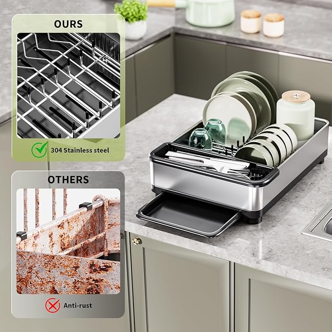 Ewaiira Dish Drying Rack, 304 Stainless Steel Dish Racks for Kitchen Counter, Dish Drainers with Automatic Drainage, Utensil Holder & Cups Holder, Space Saving Kitchen Organizer (1-Tier Silver)