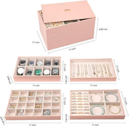 Voova Stackable Jewelry Organizer Tray with Lid, PU Leather Jewelry Storage Holder for Drawer Inserts, Jewellery Display Box Case for Earring Necklace Ring Watch Bracelet (Set of 4, Pink)