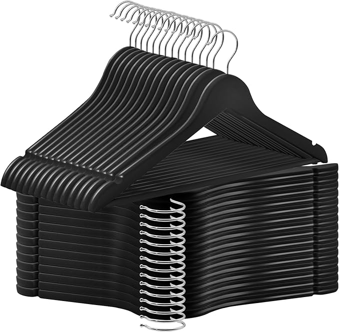 ABHENG 30 Pack Wooden Coat Hangers, 360° Swivel Hook, Suit Hangers with Anti-Slip Notches, Clothes Hangers for Jackets, Shirts, Dress, Black UAWY0530B