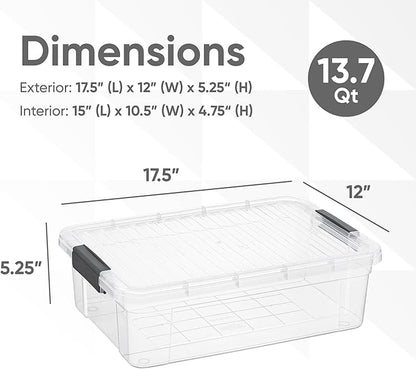 Superio 6 Pack Clear Plastic Storage Container with Lid Home - 13.7 Qt, Office Organizer Storage Bin, Stackable, For Closet, Under the Bed, or Locker, Use for Clothes, Food, Toys, Supplies, Linen.