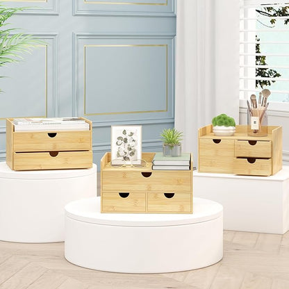 Wisuce Bamboo Desk Drawer Organizer, 3 Drawer Desktop Organizer with Drawers Tabletop Storage Organization Box for Office Home Toiletries Supplies Vanity, No Assembly Required