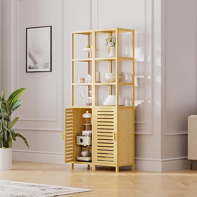 HITNET Bathroom Floor Cabinet, 6 Tier Tall Thin Linen Tower Storage Cabinet Free Standing Bamboo, Kitchen Side Organizer with 3 Shelves and Cupboard, Natural